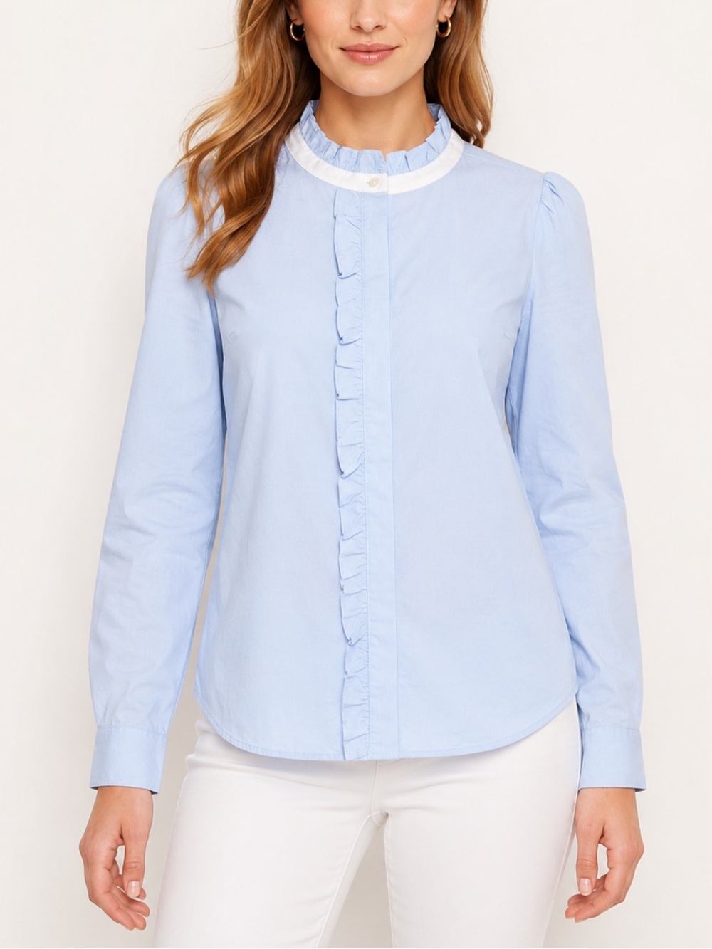 LOFT Ruffle Trim Blouse Medium NWT Cottagecore Feminine Preppy Romantic Blue